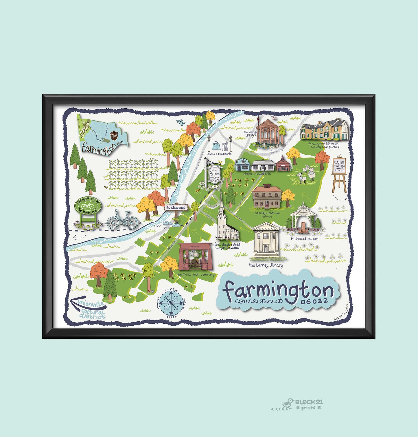 Farmington Connecticut - Illustrated Map - Limited Edition - Signed Fine Art Print - 11" X 14"