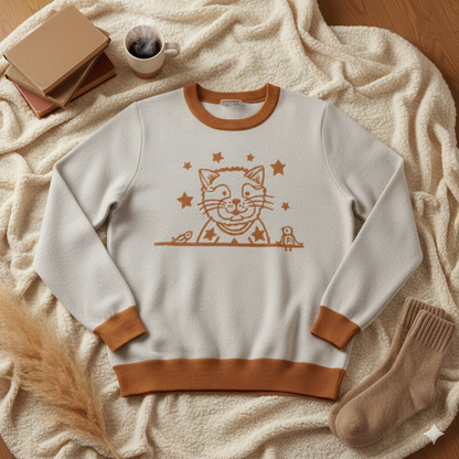 Cat & Stars Knit Sweater – Cozy Unisex Cotton Blend Crew Neck