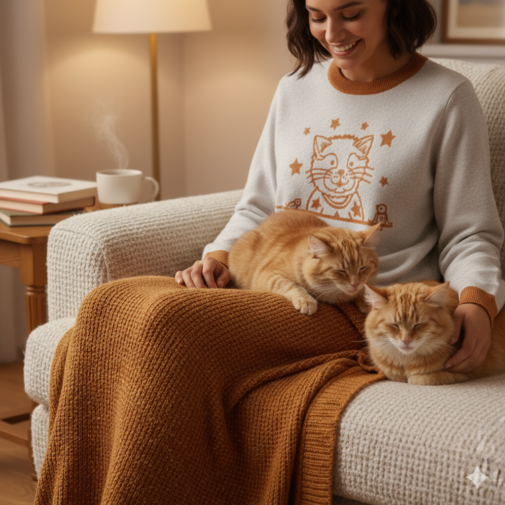 Cat & Stars Knit Sweater – Cozy Unisex Cotton Blend Crew Neck