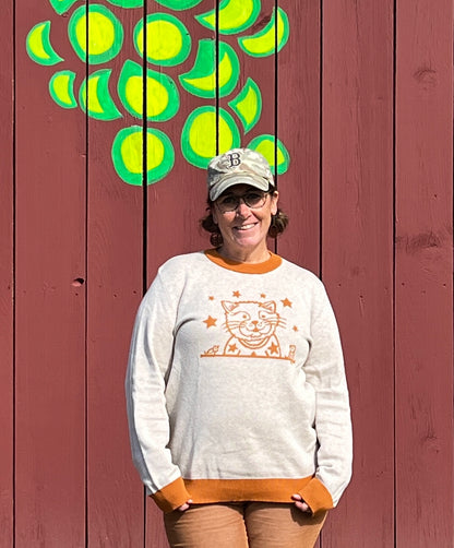 Cat & Stars Knit Sweater – Cozy Unisex Cotton Blend Crew Neck