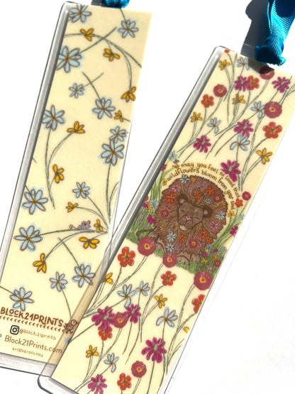 Wildflower Lion Bookmark with Ribbon • Double-Sided 2x8 Laminate Bookmark