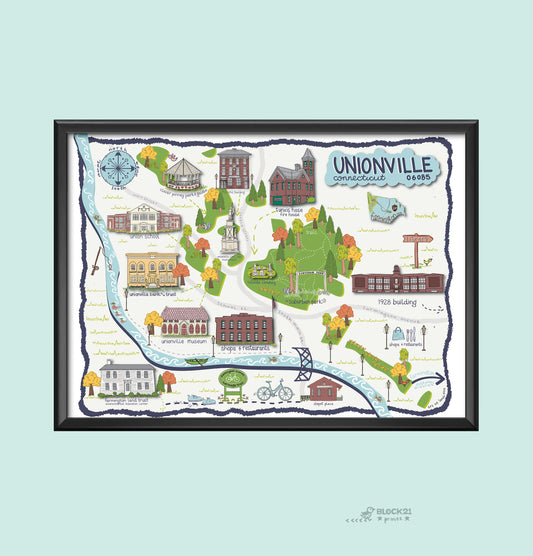 Unionville Connecticut - Illustrated Map - Limited Edition - Signed Fine Art Print - 11" X 14"