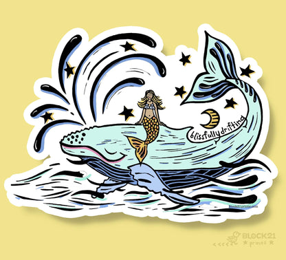 Blissfully Drifting Whale and Mermaid Sticker Decal