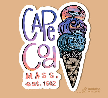 Cape Cod Massachusetts ICE CREAM Die-Cut Vinyl Sticker Weather Proof Decal