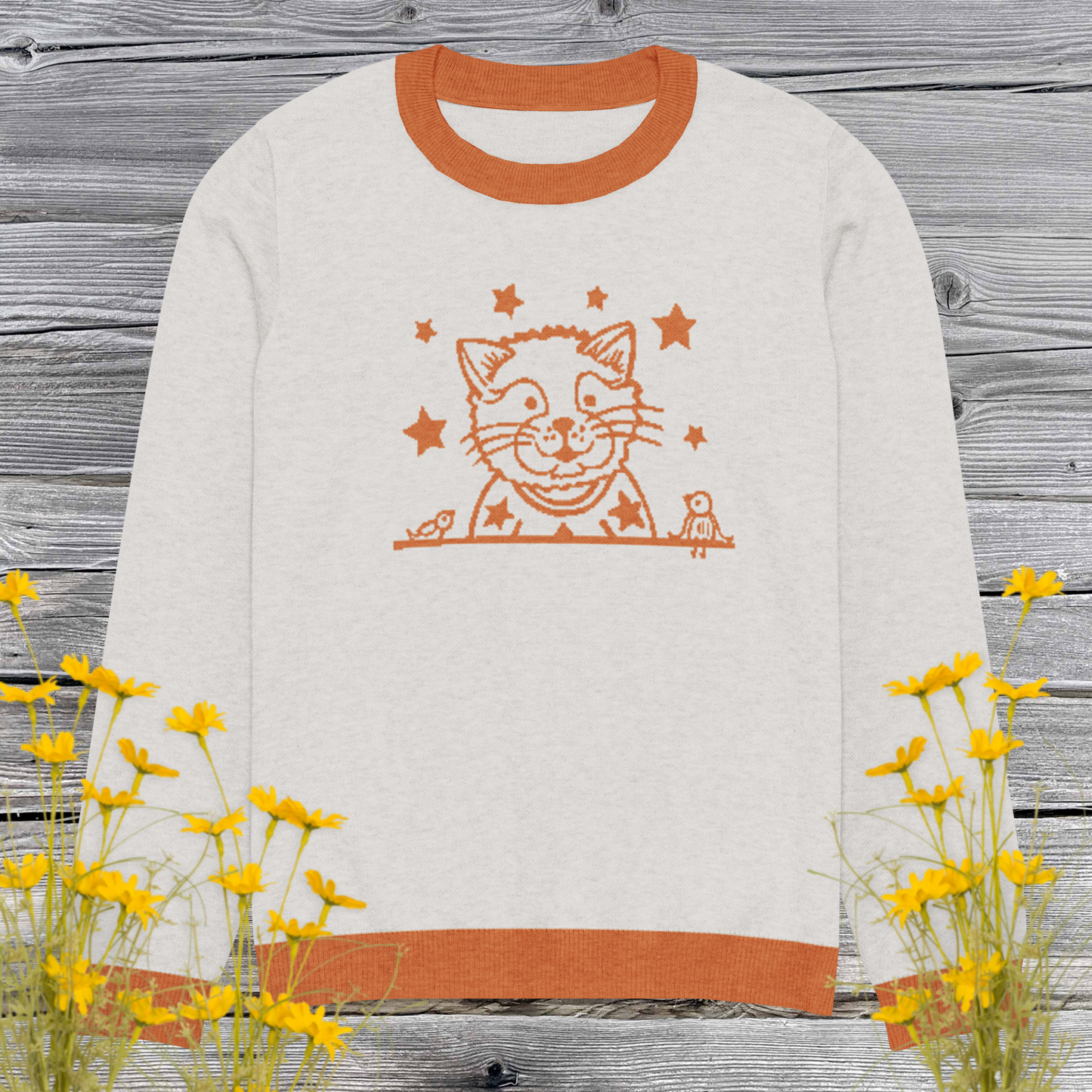 Cat & Stars Knit Sweater – Cozy Unisex Cotton Blend Crew Neck