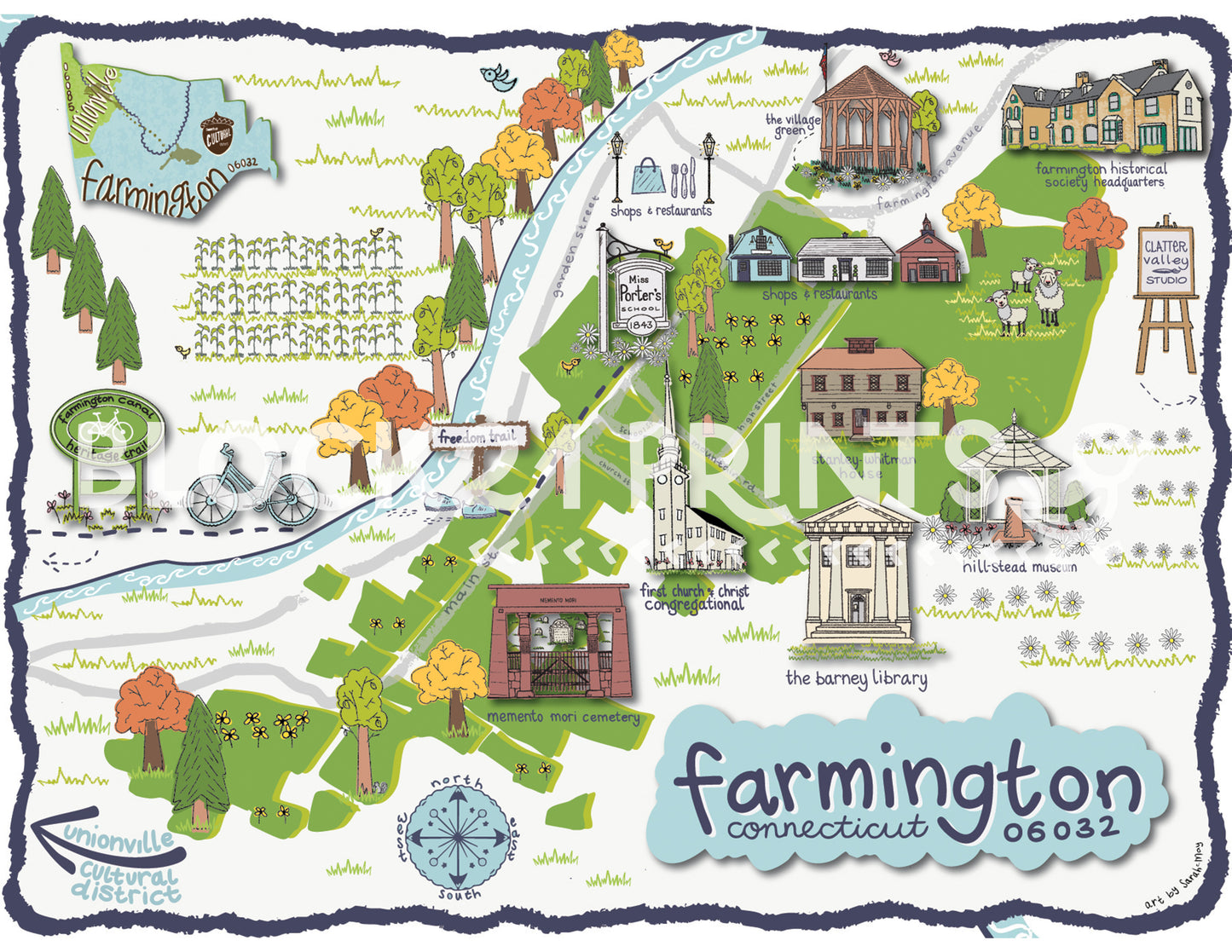 Farmington Connecticut - Illustrated Map - Limited Edition - Signed Fine Art Print - 11" X 14"