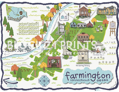 Farmington Connecticut - Illustrated Map - Limited Edition - Signed Fine Art Print - 11" X 14"