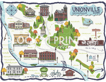 Unionville Connecticut - Illustrated Map - Limited Edition - Signed Fine Art Print - 11" X 14"